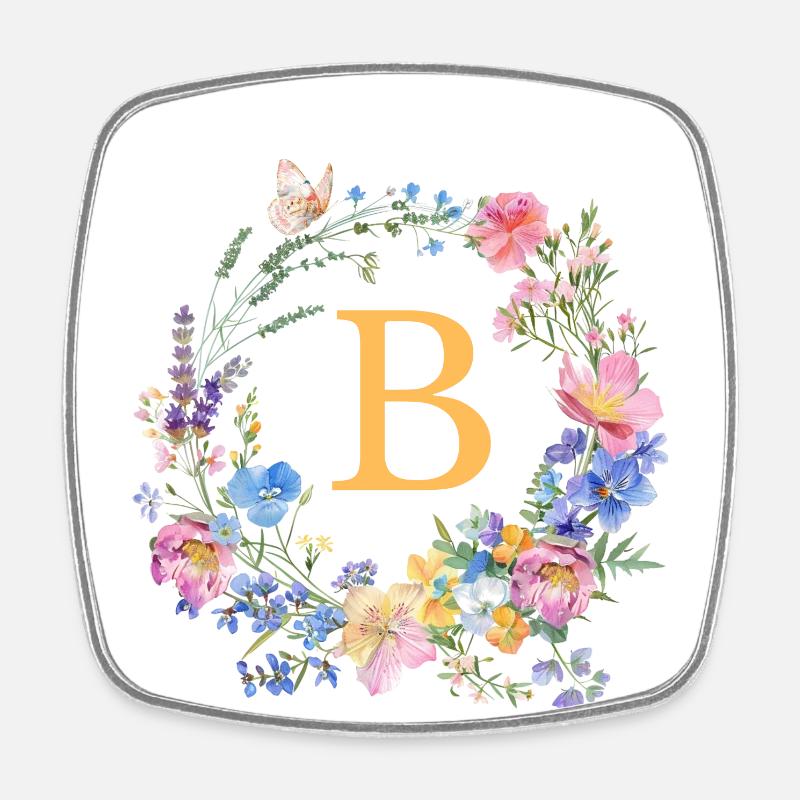 B Monogramm Floral, Blumenkranz, personalisierbar - Viereckiger Kühlschrankmagnet - Weiß