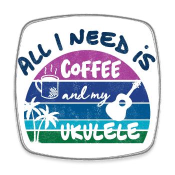 All I need is coffee and my Ukulele - retro sunset - Square fridge magnet - white - Front