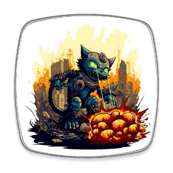 Science fiction robot cat destroys the city - Square fridge magnet - white - Front