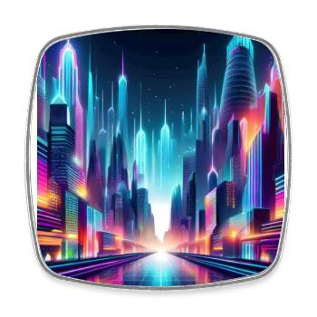 Futuristic Neon Cityscape – Vibrant Cyberpunk Art - Square fridge magnet - white - Front