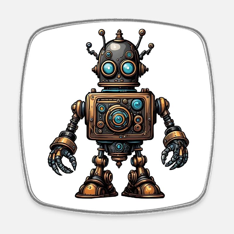Steampunk-Roboter - Viereckiger Kühlschrankmagnet - Weiß