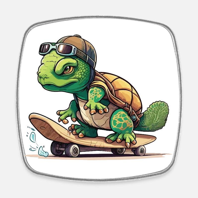 Skateboard-Schildkröte - Viereckiger Kühlschrankmagnet - Weiß