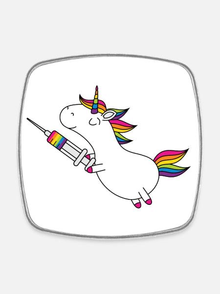 Licorne Immunicorn avec seringue arc-en-ciel - Magnet carré - blanc