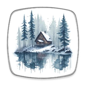 Aquarell Verschneite Landschaft mit Hütte am See - Viereckiger Kühlschrankmagnet - Weiß - Vorne