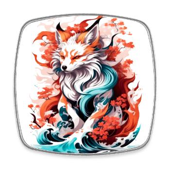 Waves of Fantasy: Elegant Japanese Kitsune Fox - Square fridge magnet - white - Front