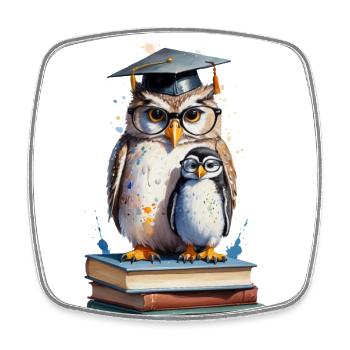 Owl on Books - Scholarly Watercolor - Square fridge magnet - white - Front