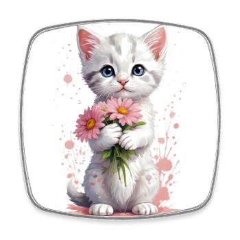 Verspielte Mieze mit rosa Blüten - Viereckiger Kühlschrankmagnet - Weiß - Vorne