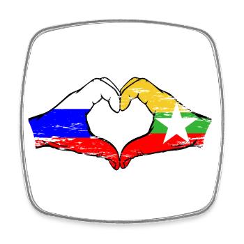 Russia Myanmar flag hands heart shape used - Square fridge magnet - white - Front
