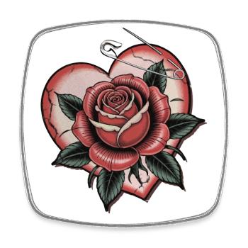 Herz mit Rose mit Sicherheitsnadel, Liebe, Tattoo - Viereckiger Kühlschrankmagnet - Weiß - Vorne