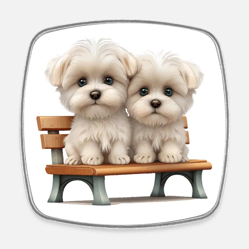 2 maltais sur banc cadeau - Magnet carré - blanc