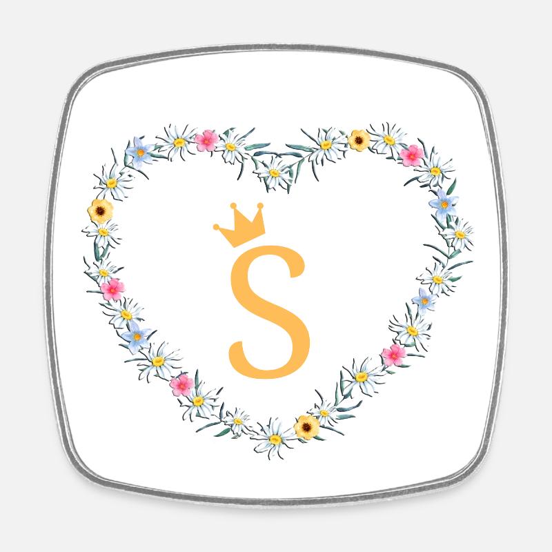 S, Monogram, Heart Flowers - Square fridge magnet - white