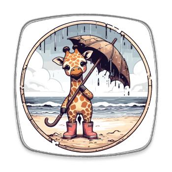 Giraffe in rubber boots with umbrella on the beach - Square fridge magnet - white - Front