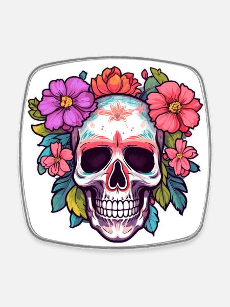 Human Skull & Flowers 30 - Square fridge magnet - white