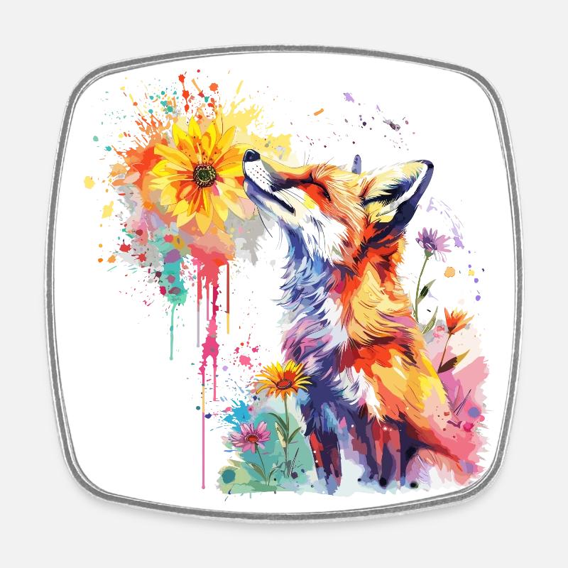 Renard avec fleur aquarelle, Fox - Magnet carré - blanc