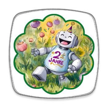 2 Jahre 2. Geburtstag Roboter auf Blumenwiese - Viereckiger Kühlschrankmagnet - Weiß - Vorne