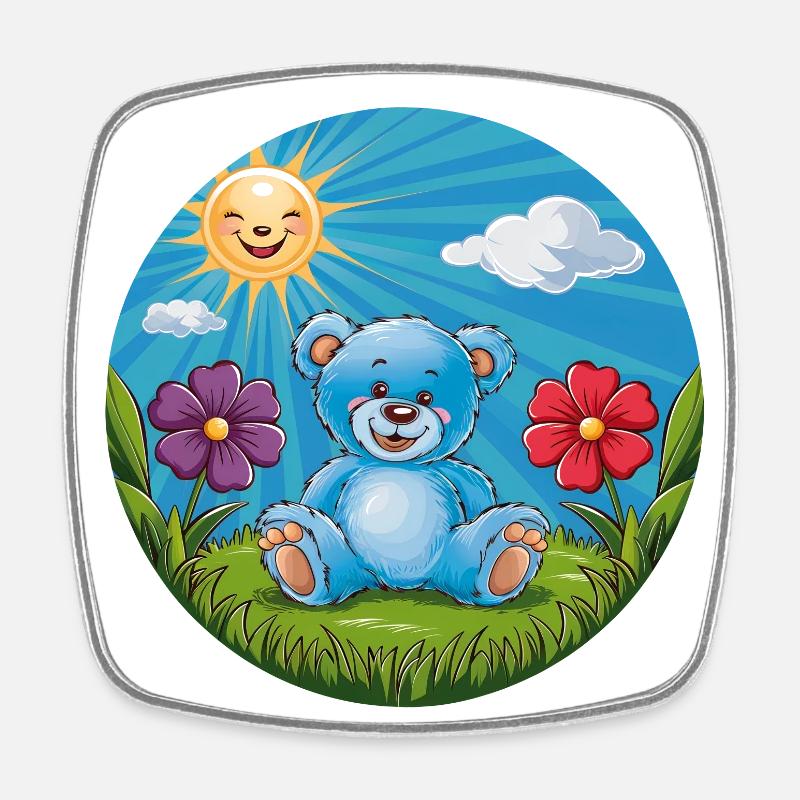 Ours en peluche bleu mignon dans le jardin soleil et nuages - Magnet carré - blanc