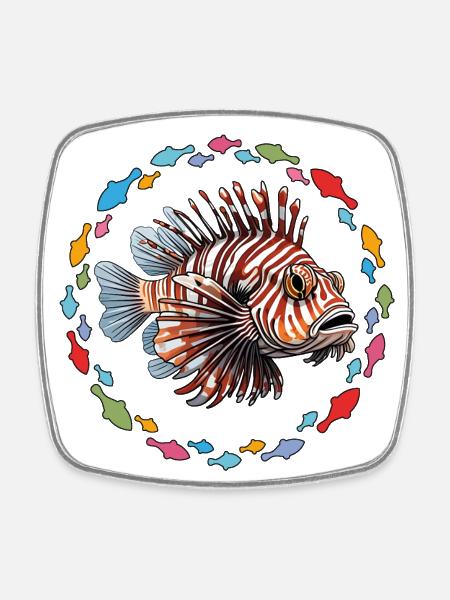 Poisson-lion Poisson corail dans le cercle de poissons - Magnet carré - blanc