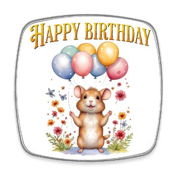 Joyeux anniversaire avec une souris mignonne et des ballons - Magnet carré - blanc - Devant