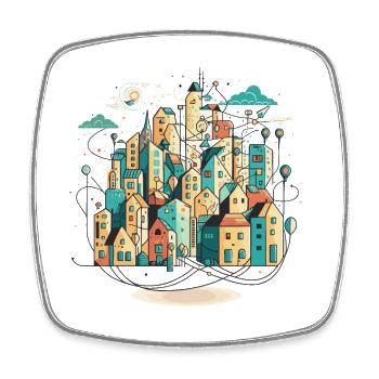 Cityscape Connections: Ein stilisiertes Bild von Interco - Viereckiger Kühlschrankmagnet - Weiß - Vorne