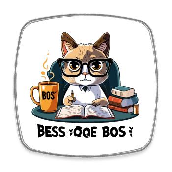 Coffee Break Tales: Eine skurrile Katze am Schreibtisch - Viereckiger Kühlschrankmagnet - Weiß - Vorne