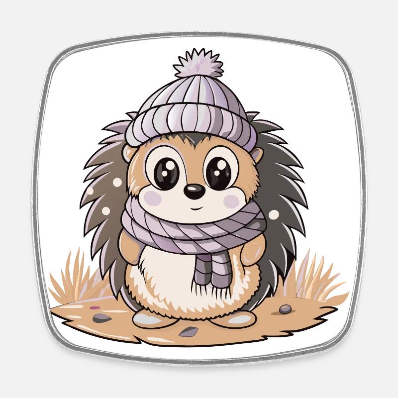 Hérisson mignon avec écharpe et chapeau à pompon. - Magnet carré - blanc