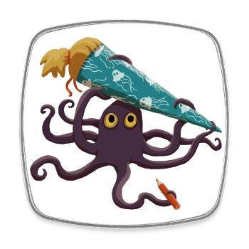 Octopus with blue school cone and pen - Square fridge magnet - white - Front