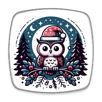 Mignon hibou avec chapeau de Père Noël assis sur une branche - Magnet carré - blanc - Devant