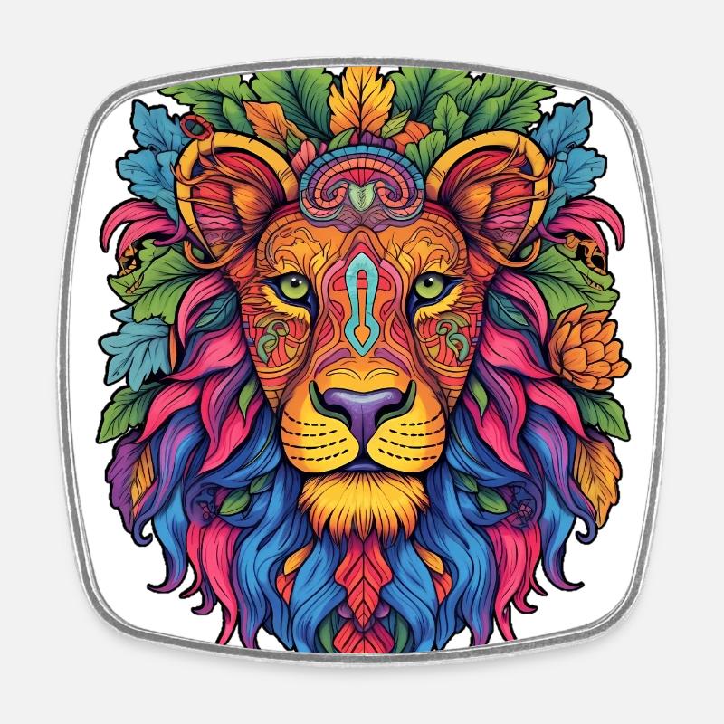 Rainbow Lion Mandala - Square fridge magnet - white