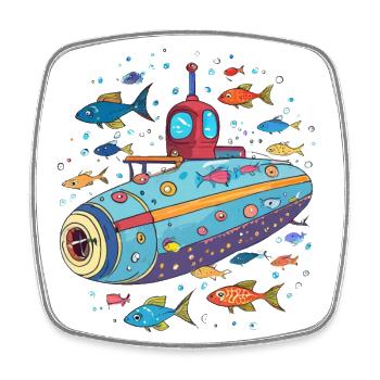 Submarine with colorful fish - Square fridge magnet - white - Front
