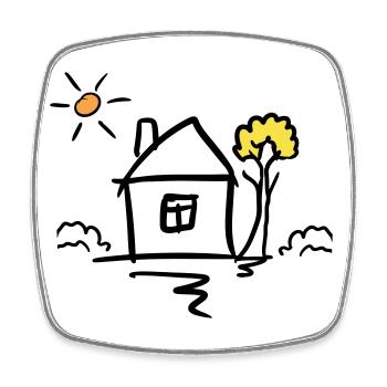 Maison avec arbre et soleil. Dessin. Dessiné à la main - Magnet carré - blanc - Devant