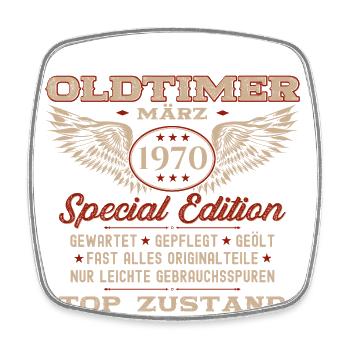 55. Geburtstag Oldtimer März Jahrgang 1970 - Viereckiger Kühlschrankmagnet - Weiß - Vorne