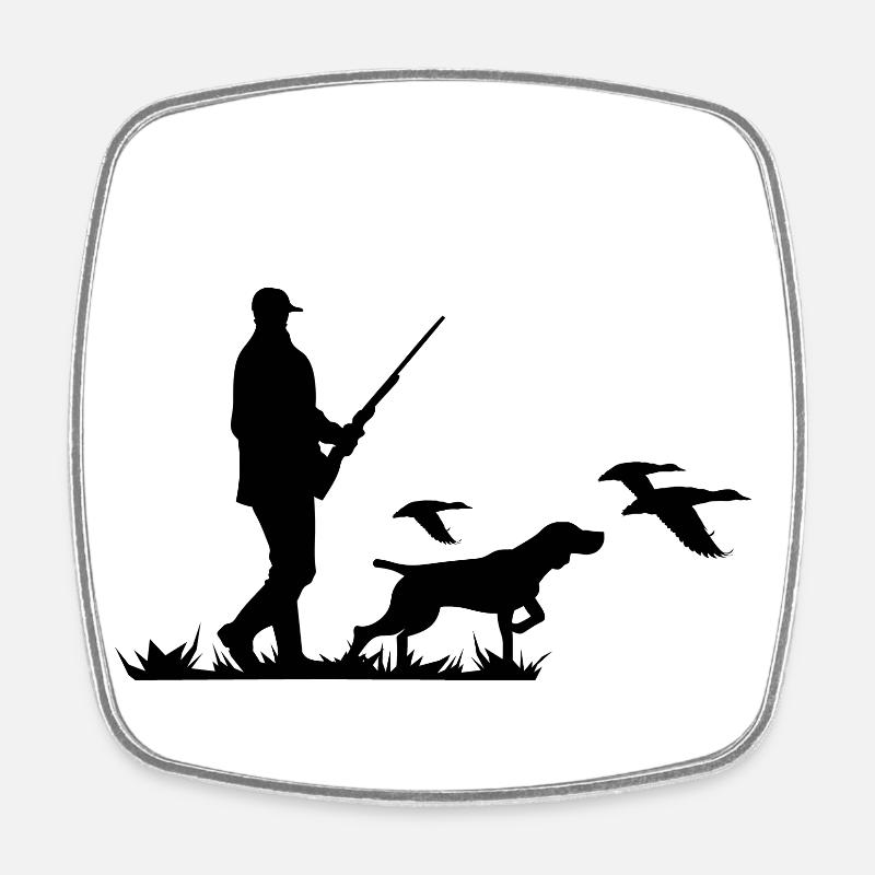 Chasseur avec chien, fusil de chasse et silhouette de canards - Magnet carré - blanc