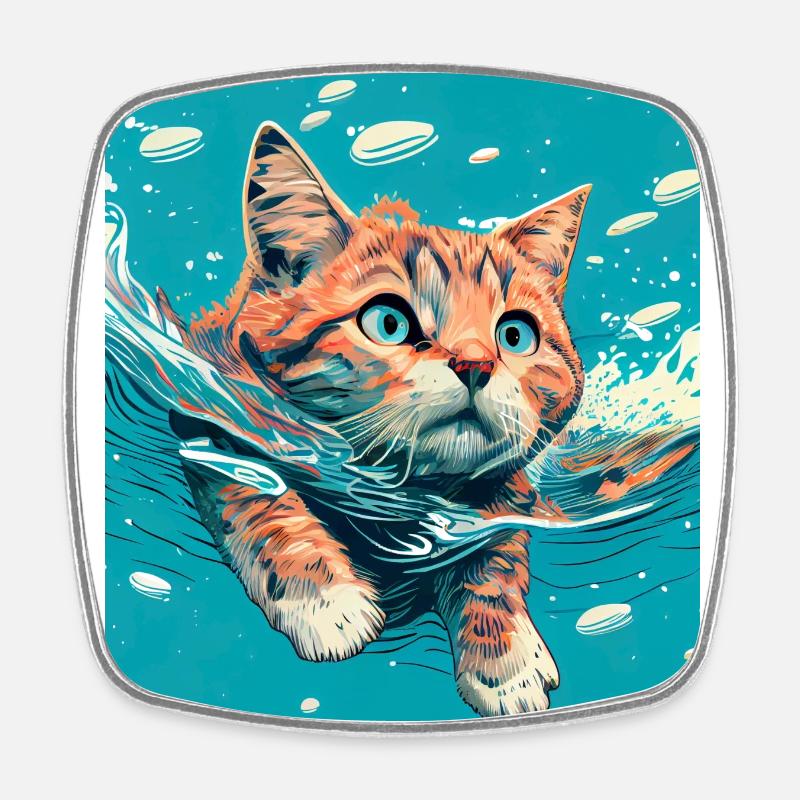 Chat roux nageant dans l’eau - Magnet carré - blanc