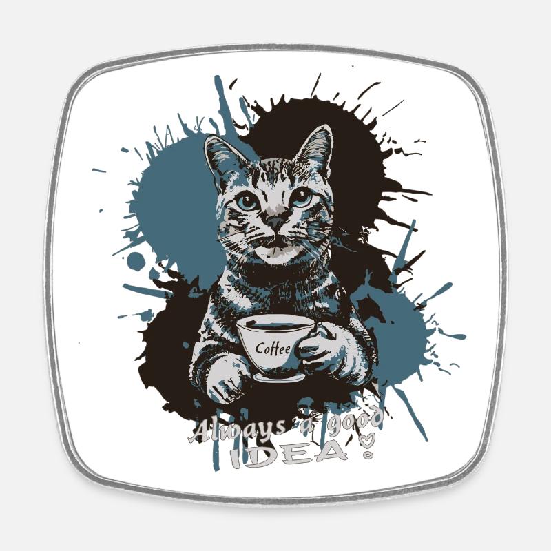 Katze mit Kaffee, Kaffee ist immer eine gute Idee - Viereckiger Kühlschrankmagnet - Weiß