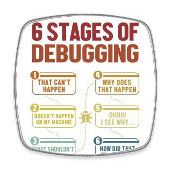 6 Stages of Debugging Softwareingenieur Coder - Viereckiger Kühlschrankmagnet - Weiß - Vorne