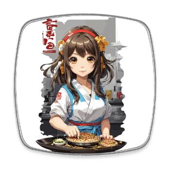 Anime Okonomiyaki Cooking Manga Girl - Square fridge magnet - white - Front