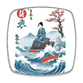 Geisha Fish Waves Ukiyo-E Japan Streetwear Kanji - Square fridge magnet - white - Front
