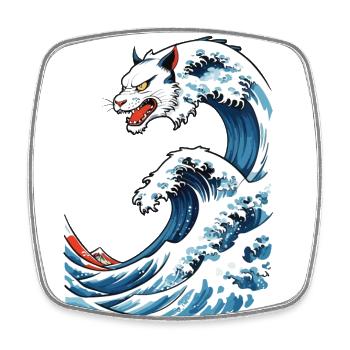 Cat Wave Ukiyo-E Vintage Japan Streetwear - Square fridge magnet - white - Front