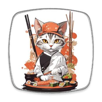 Kawaii Sushi Master Cat Japon Esthétique alimentaire - Magnet carré - blanc - Devant