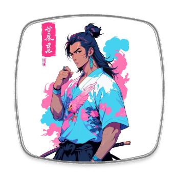Aesthetic Vaporwave Style Japanese Samurai - Square fridge magnet - white - Front