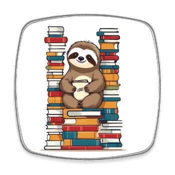 Funny book lover sloth reading book - Square fridge magnet - white - Front