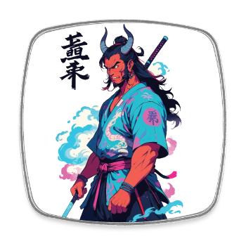 Samouraï Oni Yokai Esthétique Style Vaporwave - Magnet carré - blanc - Devant