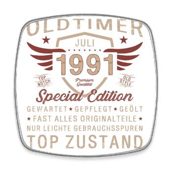 33. Geburtstag Oldtimer Juli 1991 Jahrgang 1991 - Viereckiger Kühlschrankmagnet - Weiß - Vorne