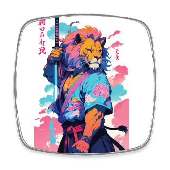 Samurai Lion Aesthetic Vaporwave Style - Square fridge magnet - white - Front