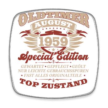 Oldtimer August 1959 Jahrgang 1959 65. Geburtstag - Viereckiger Kühlschrankmagnet - Weiß - Vorne