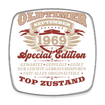 Oldtimer September 69 Jahrgang 1969 55. Geburtstag - Viereckiger Kühlschrankmagnet - Weiß - Vorne