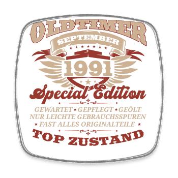 Oldtimer September 91 Jahrgang 1991 33. Geburtstag - Viereckiger Kühlschrankmagnet - Weiß - Vorne