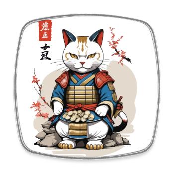 Samurai Katze im Asiatischen Ukiyo-E Stil - Viereckiger Kühlschrankmagnet - Weiß - Vorne