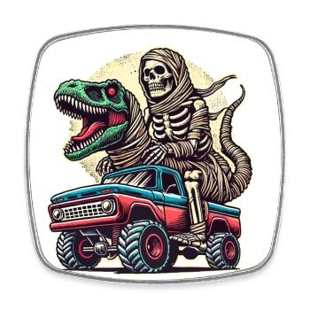Dino Mit Skelett Dinosaurier Auf Monstertruck - Viereckiger Kühlschrankmagnet - Weiß - Vorne
