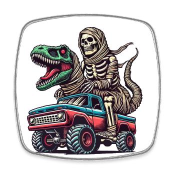 Dino Mit Skelett Dinosaurier Auf Monstertruck - Viereckiger Kühlschrankmagnet - Weiß - Vorne